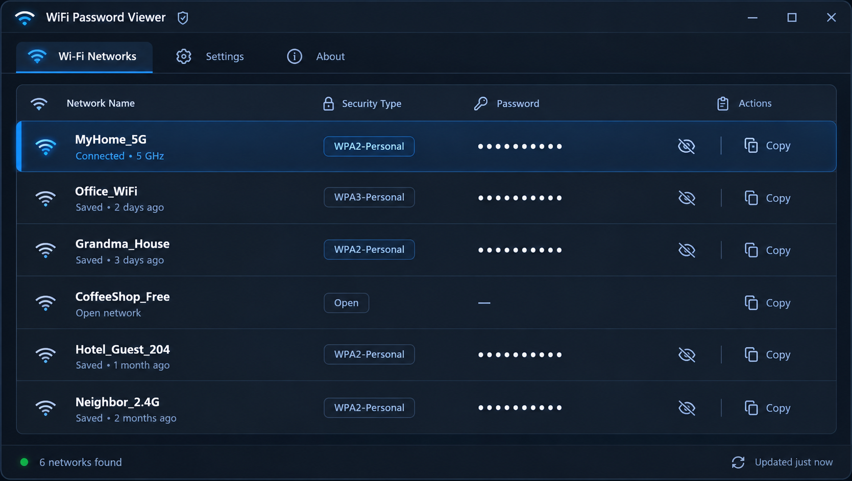 WiFi Password Viewer window listing saved networks with security type, hidden passwords and Copy buttons